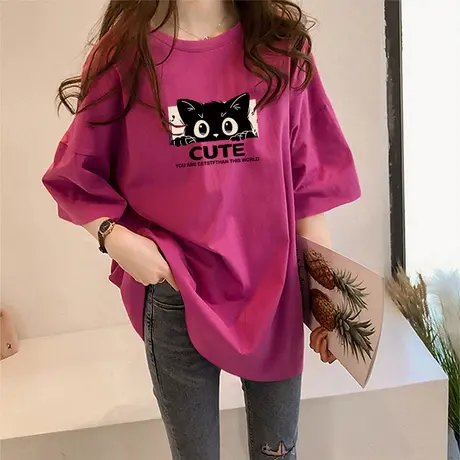 大码胖mm宽松设计感纯棉上衣夏季港风圆领ins潮牌卡通百搭T恤短袖商品大图