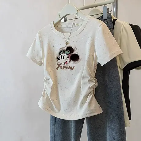 彩虹波点正肩圆领褶皱收腰短袖t恤女2025夏季新款甜妹风小众上衣商品大图