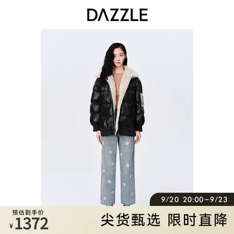 DAZZLE地素奥莱 黑色毛绒翻领短款羽绒服外套女2D4K2661A图片