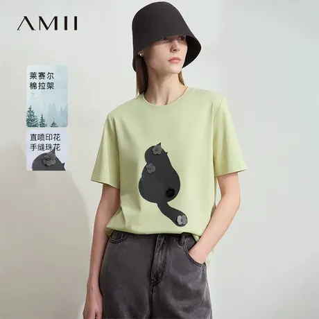 Amii2025夏新品极简休闲学院风合体微弹短袖印花棉莱赛尔T恤女图片
