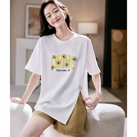 宝诗黎中长款烫钻开叉T恤女2025夏季时尚洋气显瘦百搭短袖上衣图片