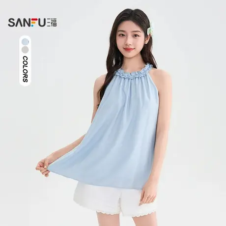 三福短衬衫2025夏季法式花边领口宽松A字无袖上衣女装504215图片