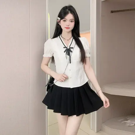 2015法式温柔风气质蝴蝶结短袖衬衫女夏季设计感小众洋气百搭衬衣图片