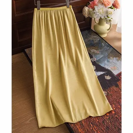 拉夏贝尔黄色醋酸a字半身裙女夏薄款2025新款垂感缎面直筒包臀裙商品大图