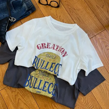 复古做旧印花雪花棉短袖t恤女夏款灰色撞色圆领宽松减龄正肩tee恤商品大图