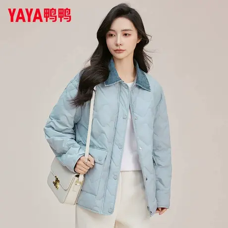 鸭鸭轻薄羽绒服女短款2025新款拼接撞色翻领春秋菱格衬衫领外套XH商品大图