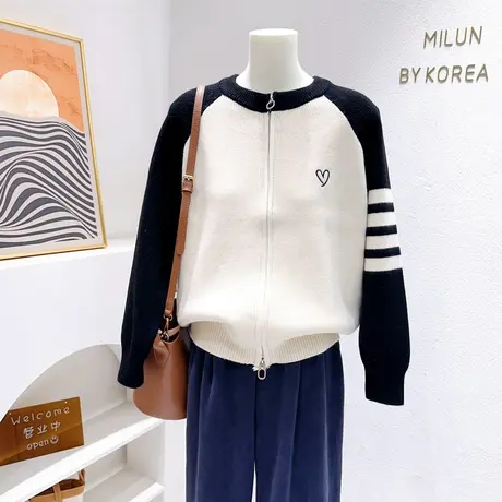 韩代同款外套上衣ins爱心洋气拼色复古秋冬款毛衣软糯宽松针织衫图片