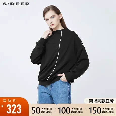 sdeer圣迪奥2021冬新品一字领撞色线条罗纹黑色长袖T恤S21480206🦇商品大图