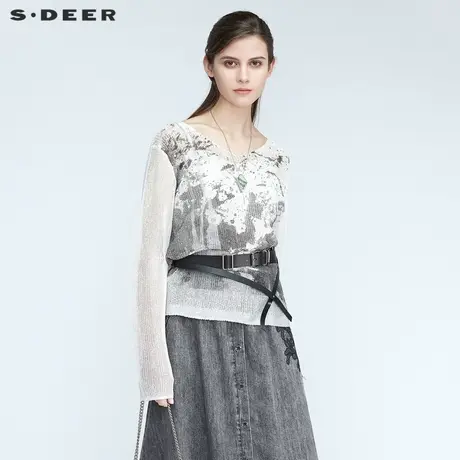 sdeer圣迪奥春秋装时尚V领水墨印花长袖针织衫女S21183516图片