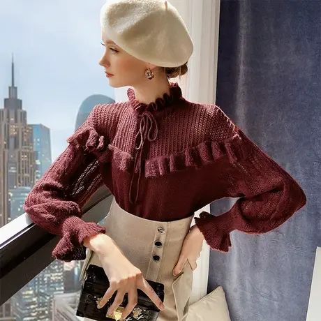 粉红大布娃娃甜美复古荷叶边镂空绞花半高领酒红色针织毛衫春季女商品大图