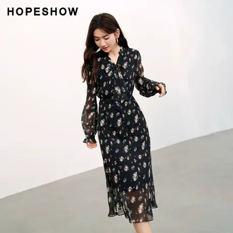 红袖收腰V领立领连衣裙女hopeshow2024春季新款碎花薄款职场长裙图片