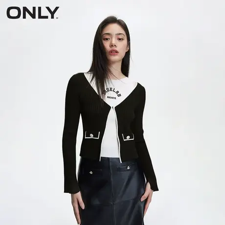 ONLY奥莱夏季简约撞色假两件修身短款毛衣针织衫女商品大图