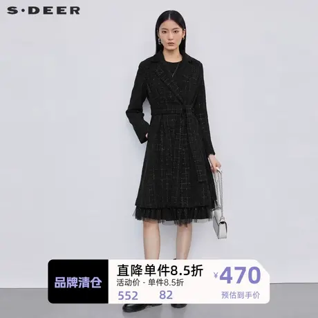 sdeer圣迪奥女装翻领肌理格纹收腰网纱大衣S223Z1853图片