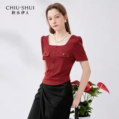 【添添粉丝专享】秋水伊人领泡泡袖T恤女通勤bm风辣妹短袖上衣图片