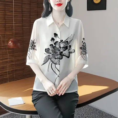 七分袖漂亮印花雪纺衬衫女2025夏季新款宽松遮肚衬衣独特别致上衣图片