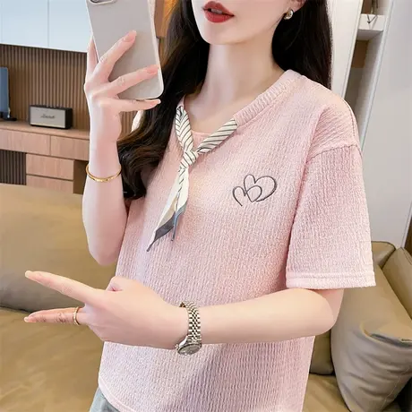 设计感小众短袖t恤女2025新款夏季韩版宽松初中生百搭蝴蝶结上衣图片