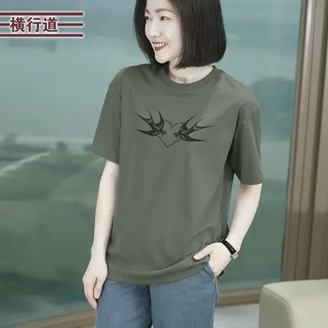 圆领印花宽松短袖2025夏季新款女装打底衫半袖T恤大码上衣服简约图片