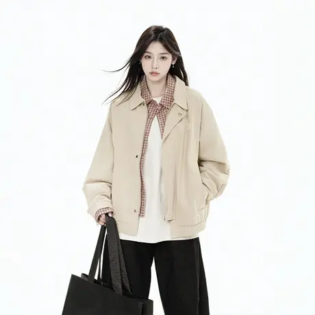 复古假两件格子拼接外套女春季2025新款街头潮牌夹克宽松美式上衣图片