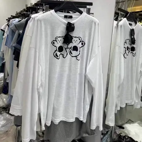 韩国东大门夏季新款卡通小熊印花宽松防晒长袖T恤罩衫薄款上衣女商品大图