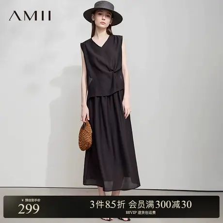 Amii【莱赛尔连衣裙】法式气质无袖长款款连衣裙抽褶假两件连衣裙商品大图
