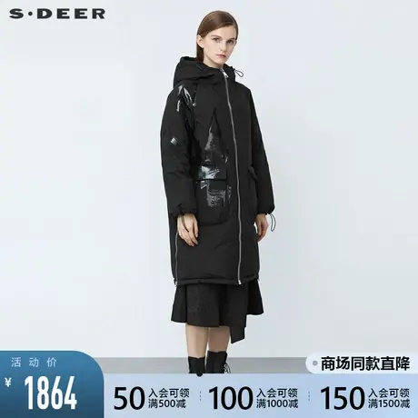 sdeer圣迪奥2021冬装新款抽绳连帽印花宽松黑色羽绒服女S21482462商品大图