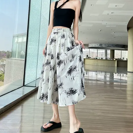 水墨国风新中式裤裙女夏季薄款高腰七八分休闲小个子直筒阔腿裤子商品大图