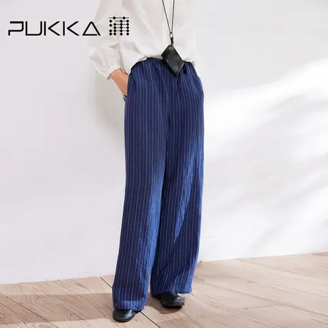 蒲PUKKA 亚麻通勤款时尚系带松紧腰显瘦高腰直筒阔腿休闲裤商品大图