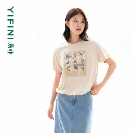 [专柜同款]Yifini/易菲设计感下摆抽绳原创印花宽松通勤T恤上衣女图片