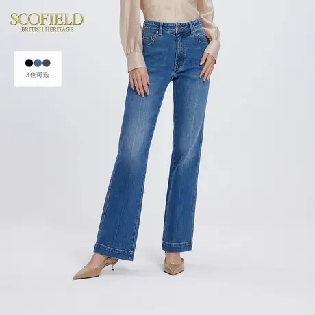 Scofield女装复古通勤高腰休闲裤牛仔裤蓝色微喇裤秋季裤子商品大图