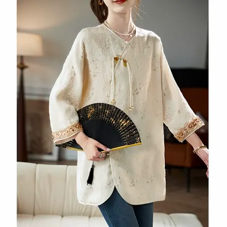 宝诗黎蝙蝠袖钉珠提花雪纺衫2025春季新中式亮片拼接宽松大码衬衣商品大图