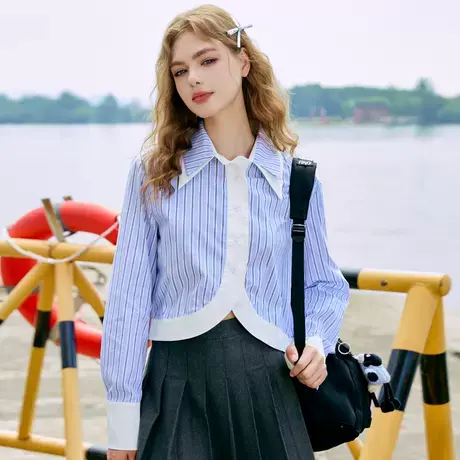 a02设计师款撞色条纹小清新女式衬衫2025春季小个子短款长袖上衣商品大图
