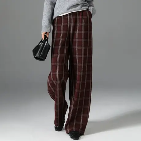 高腰毛呢格子裤女秋冬2024新款宽松慵懒风直筒裤子加厚休闲阔腿裤商品大图