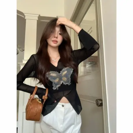 纯欲风复古蝴蝶贴补网纱V领长袖T恤女早秋设计感开叉修身别致上衣商品大图