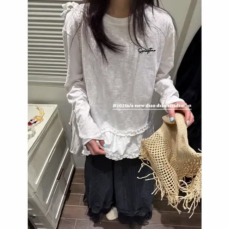 圆领字母拼接荷叶边下摆长袖T恤女2025春季新款设计感打底衫上衣商品大图