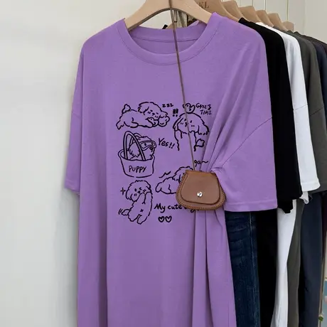 vintage法式大码宽松短袖甜酷风上衣ins夏潮流正肩纯棉t恤衫女生图片