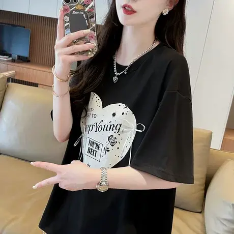 设计感小众蝴蝶结短袖t恤女2024新款夏季韩版宽松大码女装上衣服图片