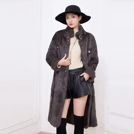 希区瑞普新款立领女士长款真皮草兔毛冬季外套过膝皮毛大衣商品大图