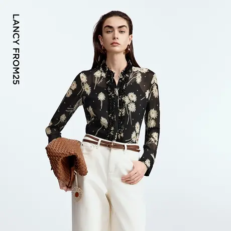 朗姿法式黑色薄纱印花长袖上衣含吊带木耳边衬衫2025年秋季新款图片