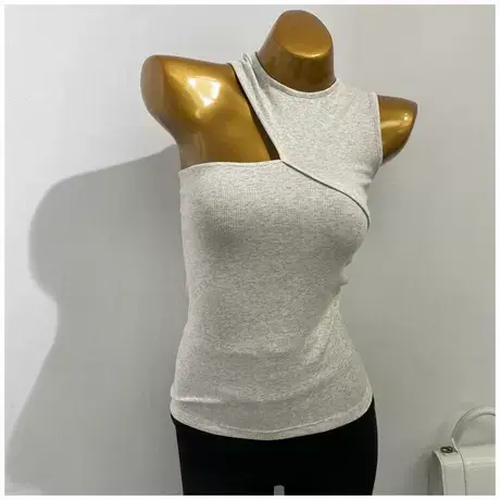 单肩性感！ins韩国修身无袖背心女螺纹棉圆领拼接设计感打底衫春图片