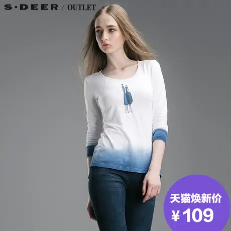 sdeer圣迪奥2017秋装蓝迹印染简约渐变休闲长袖T恤S15180231图片