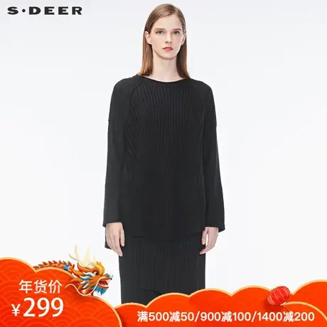 sdeer圣迪奥2019冬装新款休闲纯黑拼接设计圆领针织衫S18480240图片