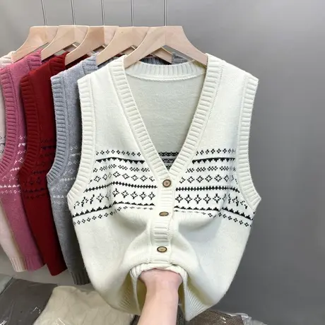 2024秋季V领针织马甲女无袖开衫外搭背心叠穿无袖毛衣坎肩马夹女商品大图