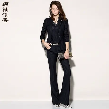 颈袖添香2024新款藏青条纹职业装女装套装时尚气质正装修身女商品大图