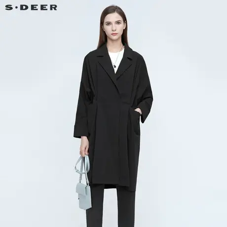 【直播间专属】sdeer圣迪奥休闲西装领拼接黑色长款风衣S21181804图片