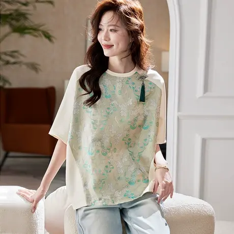 宝诗黎圆领亮丝提花拼接T恤2025夏季洋气新中式休闲宽松大码女装图片