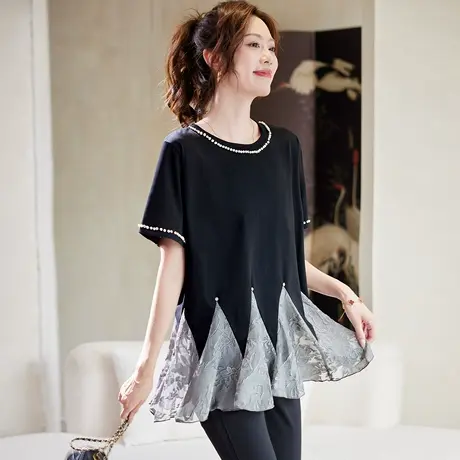 宝诗黎圆领钉珠提花拼接黑色T恤女2025夏季时尚百搭宽松气质上衣图片