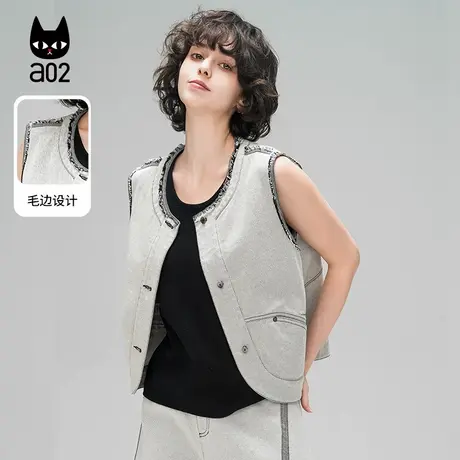 a02[ET自然系列]牛仔棉马甲背心女复古流苏圆领无袖上衣短款外套商品大图