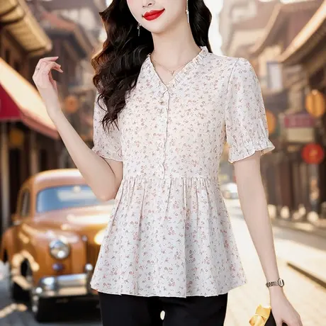 时尚碎花雪纺衫女夏季新款气质短袖v领妈妈装中长款收腰显瘦小衫商品大图