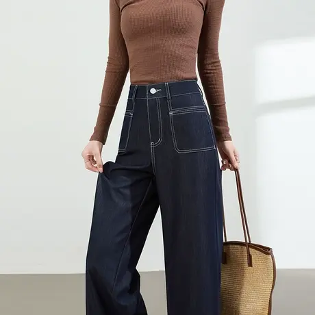 明线口袋牛仔阔腿裤女夏季薄款高腰宽松显瘦垂感百搭丹宁蓝直筒裤商品大图