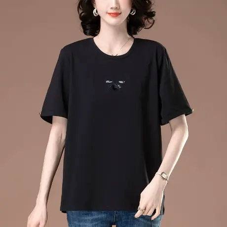 短袖t恤女夏季新款加肥加大码女装宽松中年妈妈纯棉洋气刺绣体恤图片